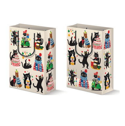 Two gift bags with festive cat illustrations on a white background