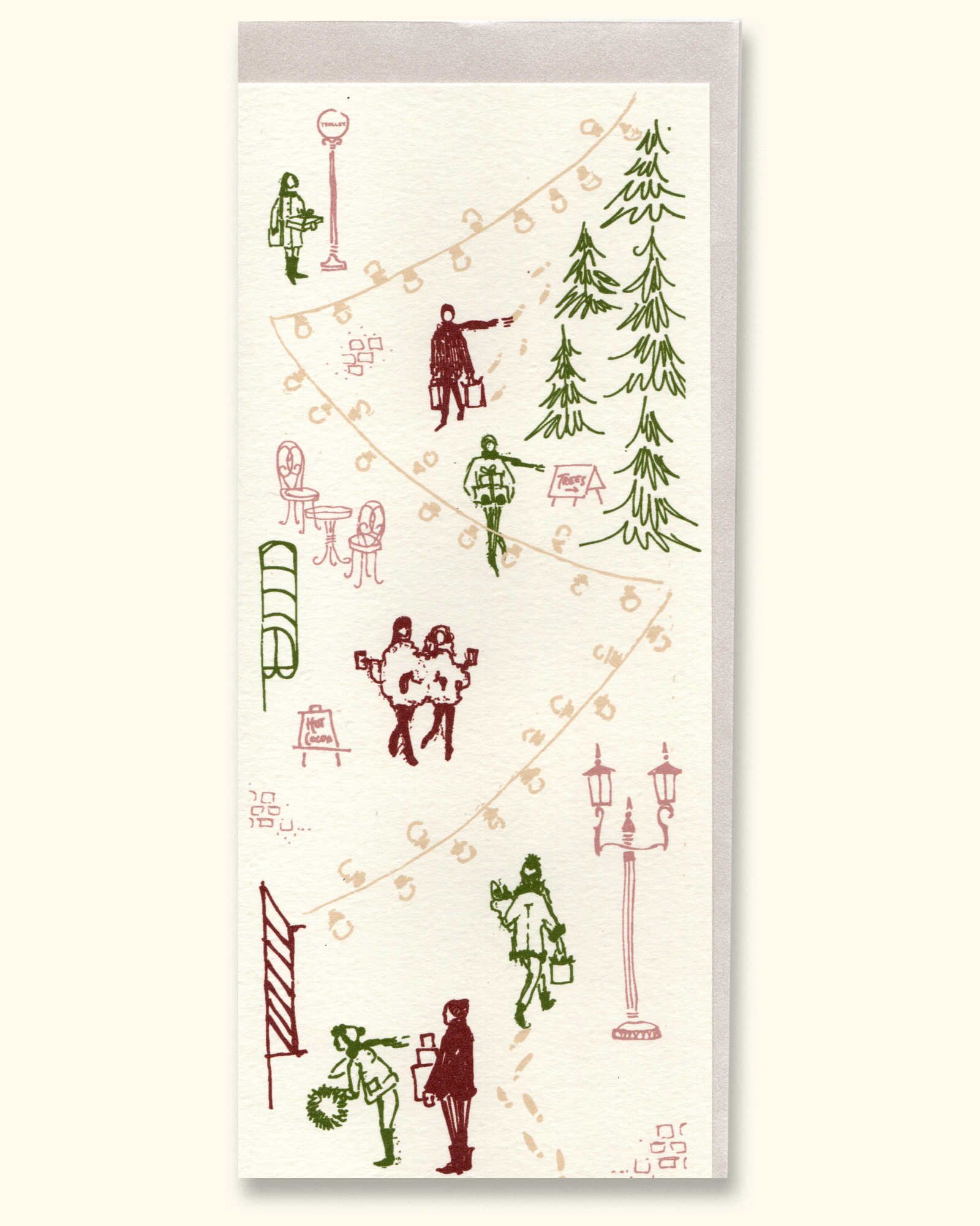 Decorative greeting card with Christmas-themed illustrations on a white background