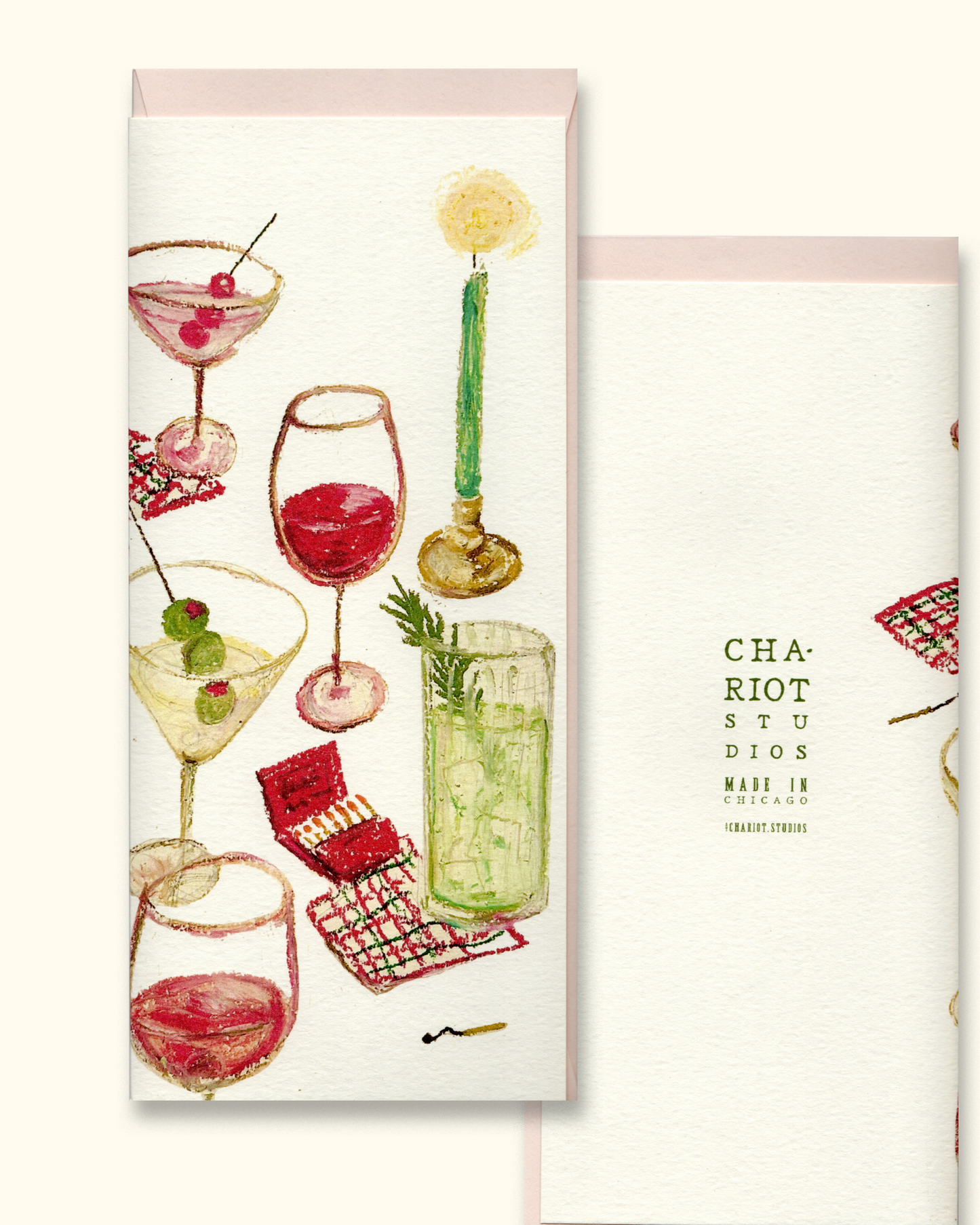 Holiday Spirits Greeting Card- Holiday greeting card with cocktails and wine