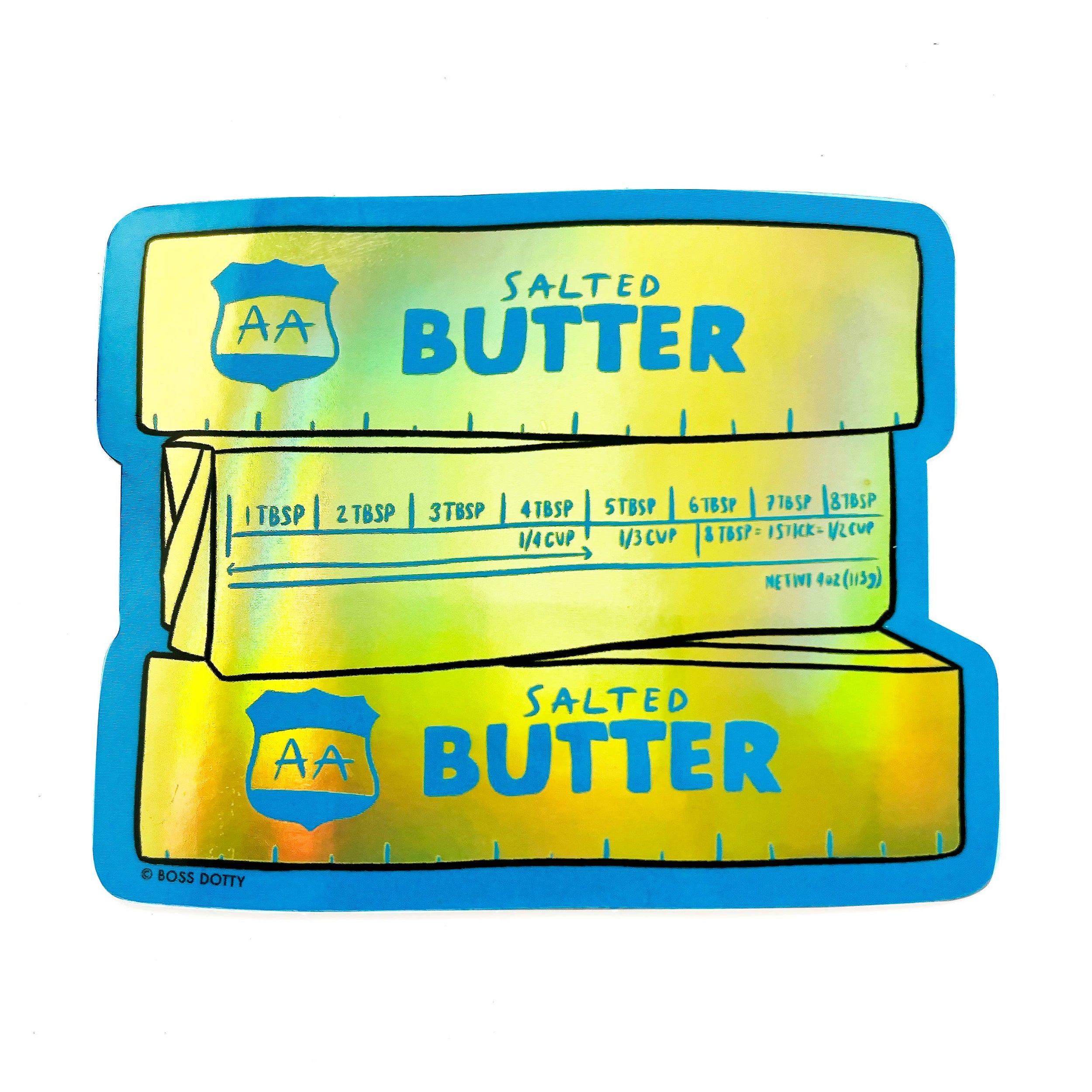 Holographic salted butter packaging with 'AA' logo on a white background