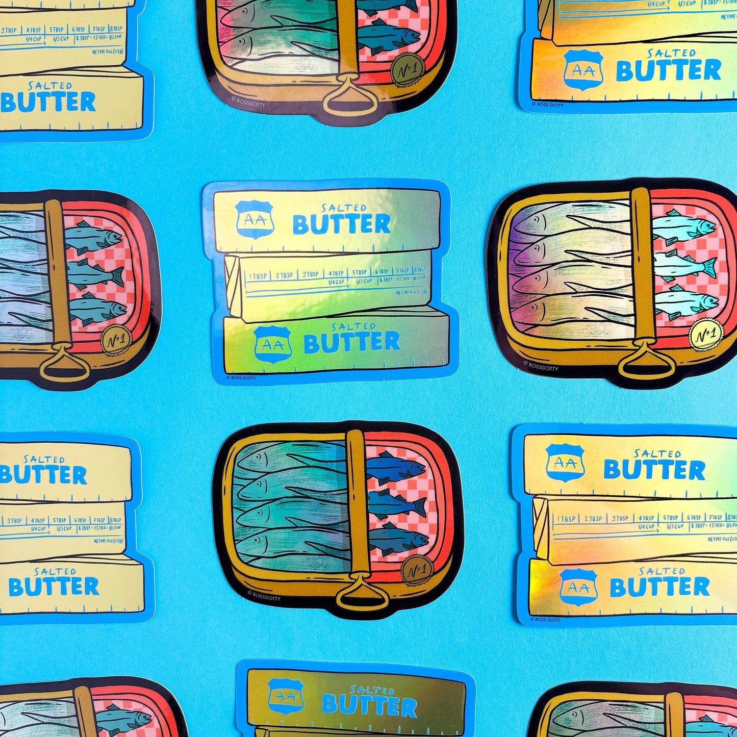 Pattern of butter packages and fish on a blue background