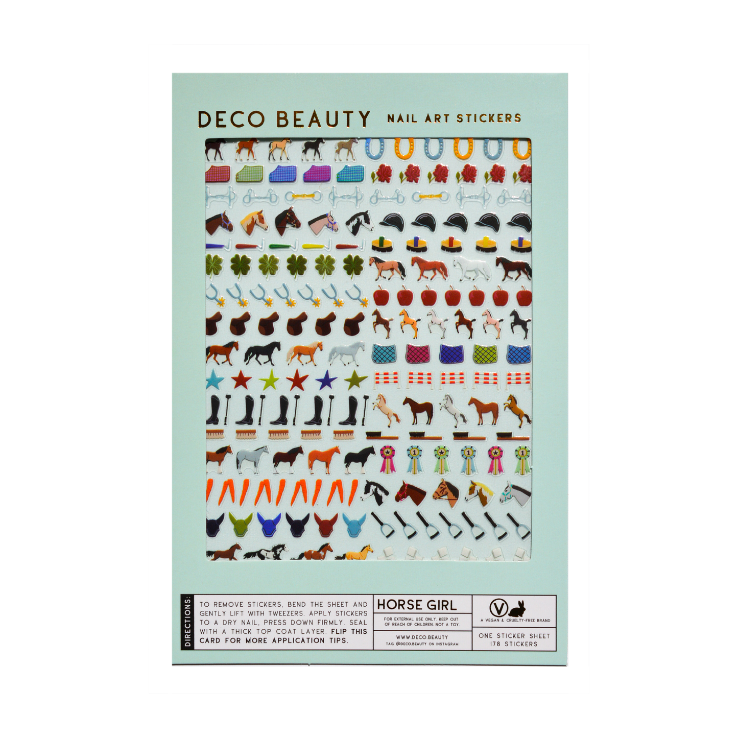 Packaging of Deco Beauty nail art stickers with various designs on a light blue background