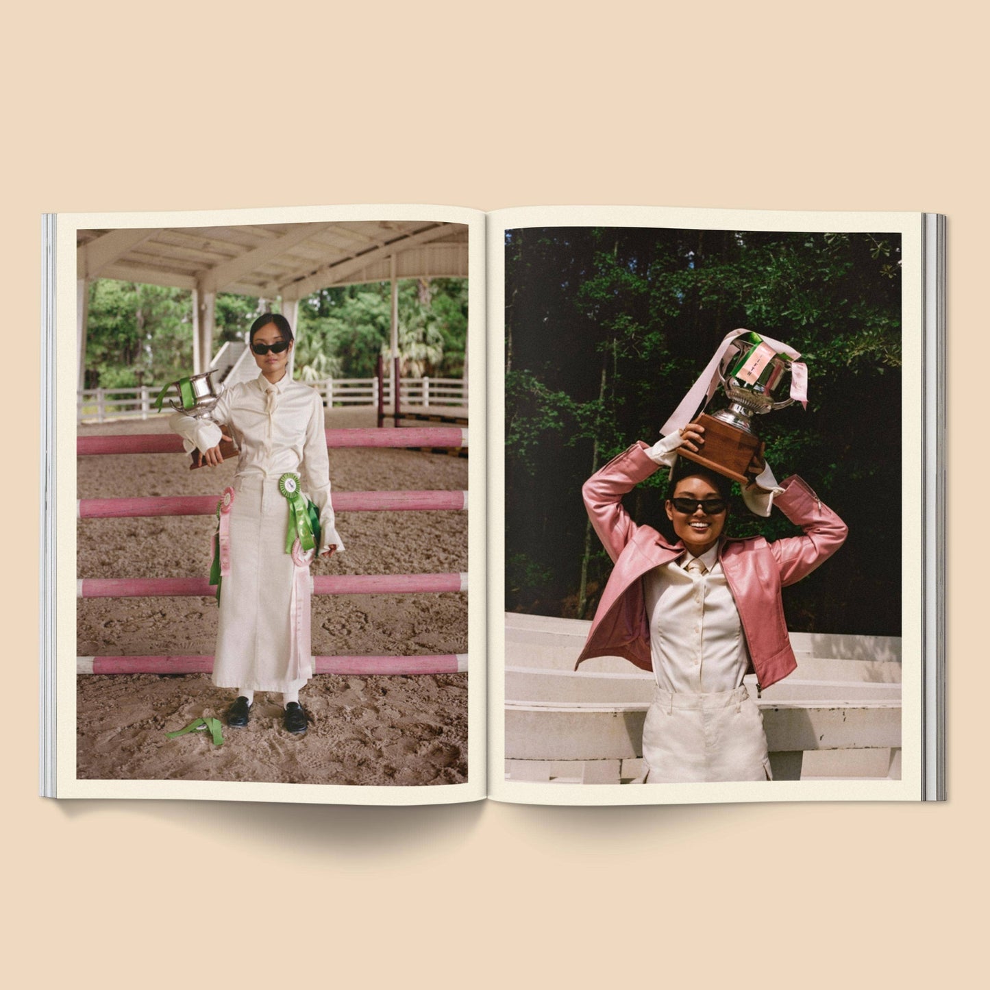 Open book showing two photos of a person in equestrian attire with a pink fence and greenery in the background.