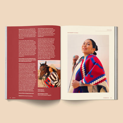 Open book showing a page with a person wearing a colorful patterned shawl and another with text and a horse illustration.