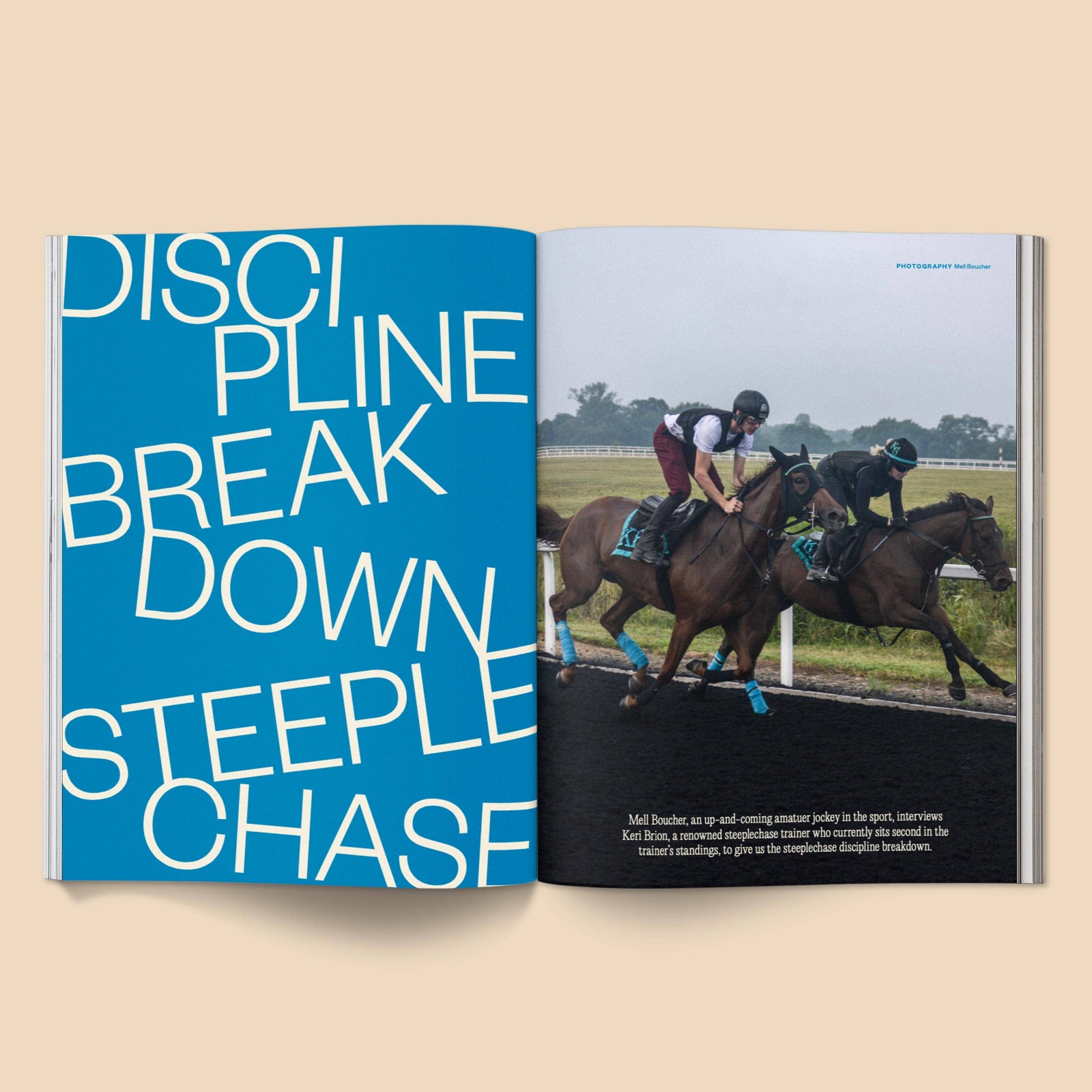 Open book showing a page with horse racing and another with text on a blue background.