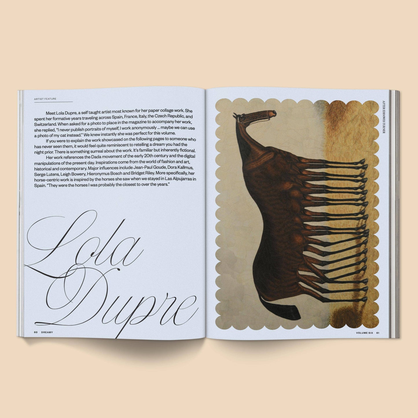 Open magazine with Lola Dupre's name and an illustration of a horse on a beige background