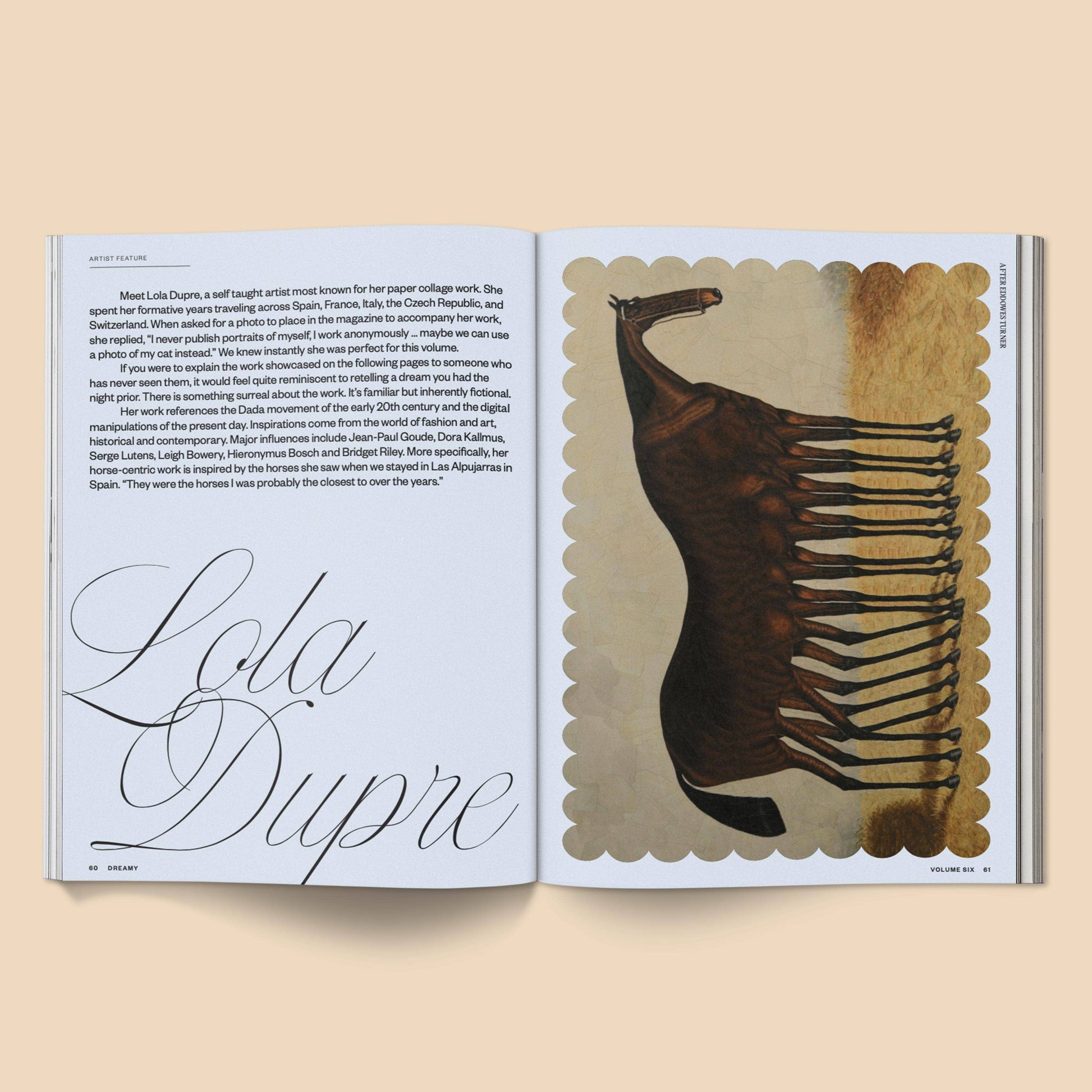 Open magazine with Lola Dupre's name and an illustration of a horse on a beige background