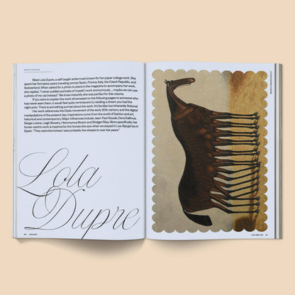 Open magazine with Lola Dupre's name and an illustration of a horse on a beige background