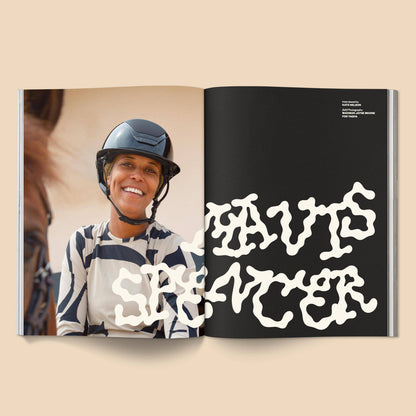 Open book showing a person in equestrian gear with text overlay on a beige background