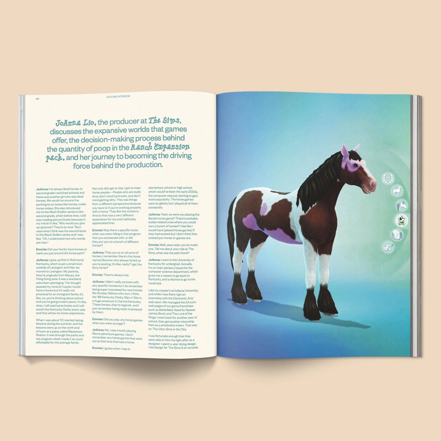 Open book with text on one page and a horse illustration on the other, on a beige background.