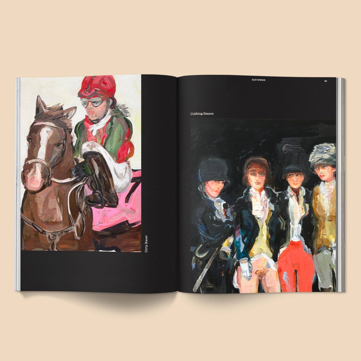 Open book showing illustrations of equestrian scenes with riders and horses.