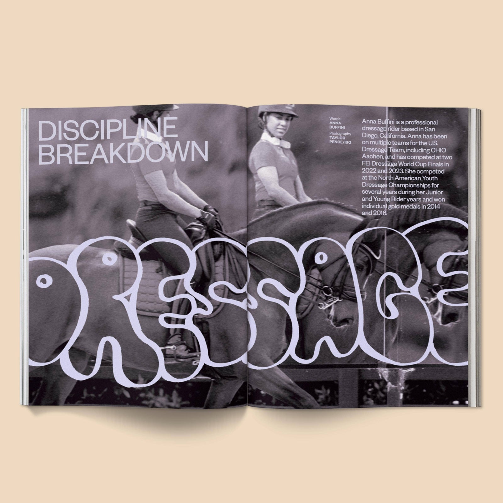 Open magazine showing a horseback riding theme with text and images of riders on horses.