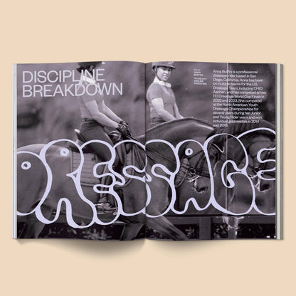 Open magazine showing a horseback riding theme with text and images of riders on horses.