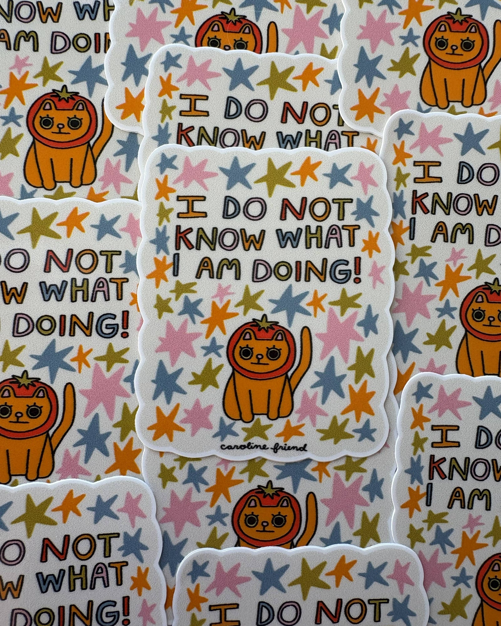 Stickers with a cat and text 'I DO NOT KNOW WHAT I AM DOING!' on a star-patterned background.