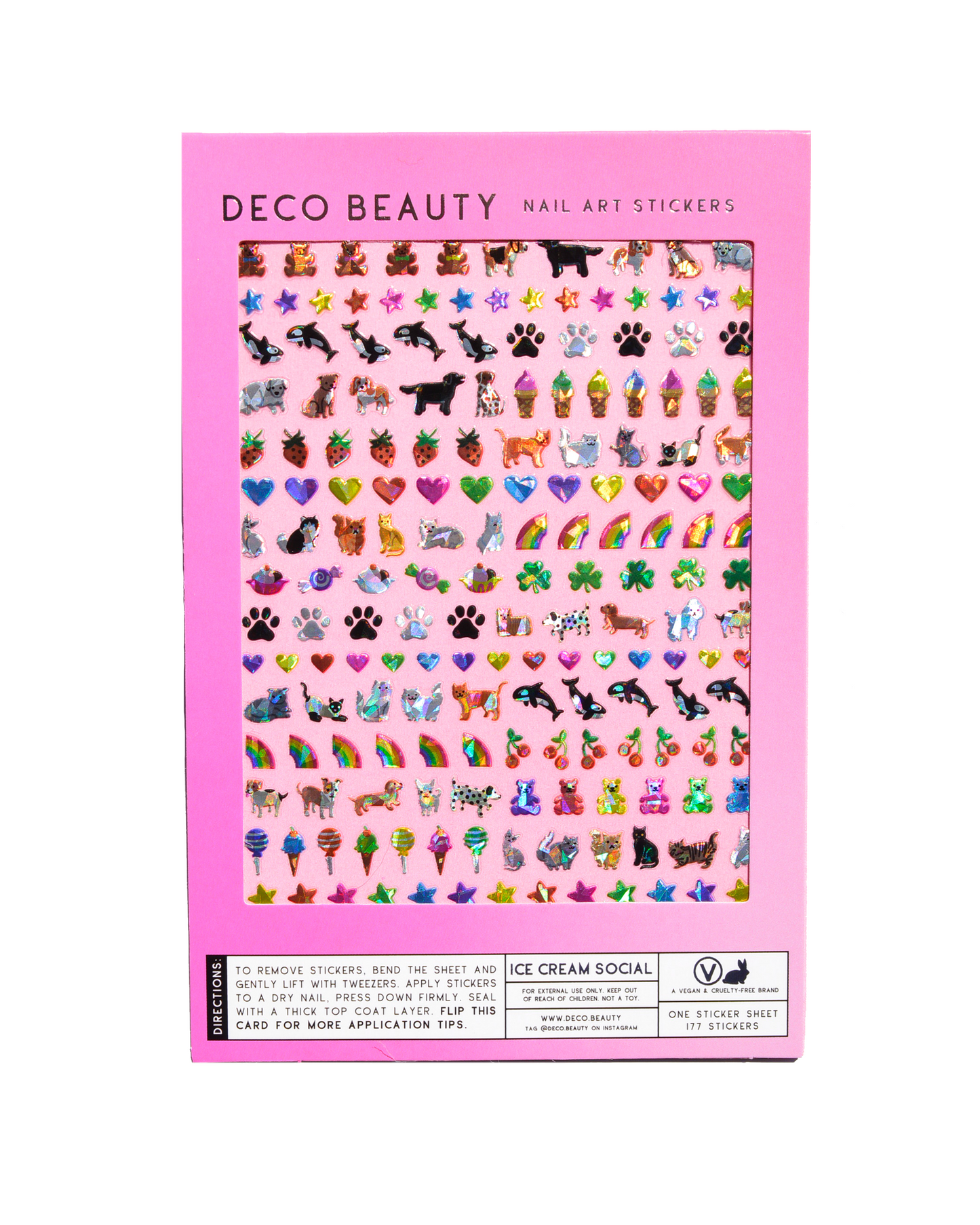 Pack of Deco Beauty nail art stickers with various designs on a pink background