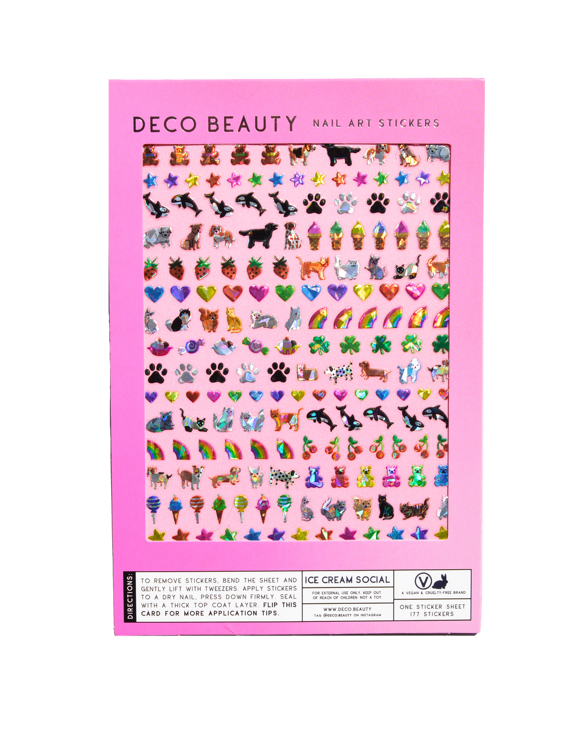 Pack of Deco Beauty nail art stickers with various designs on a pink background