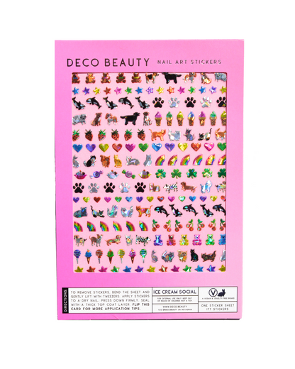 Pack of Deco Beauty nail art stickers with various designs on a pink background