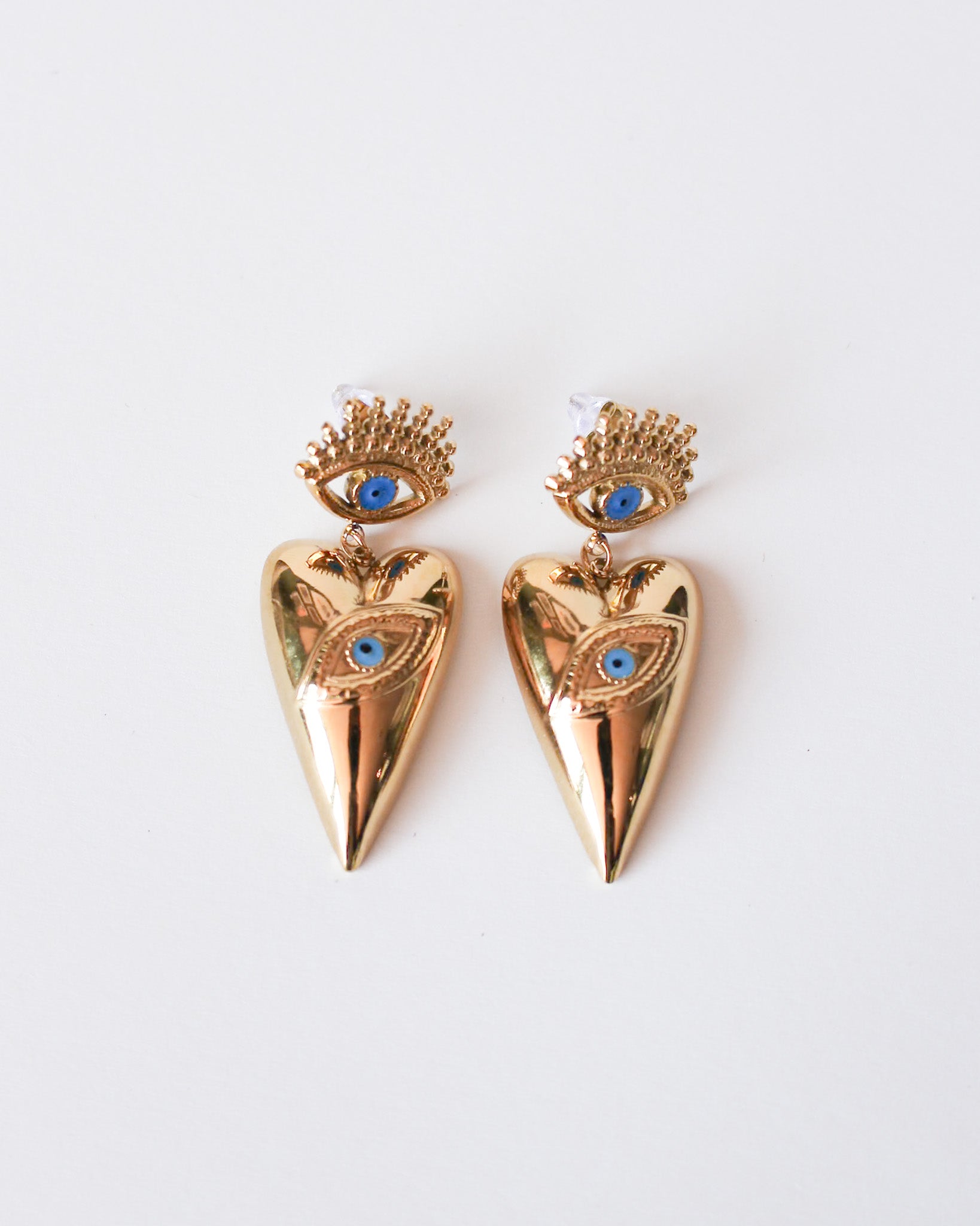 Iris Gold Eye Heart Dangly Earrings