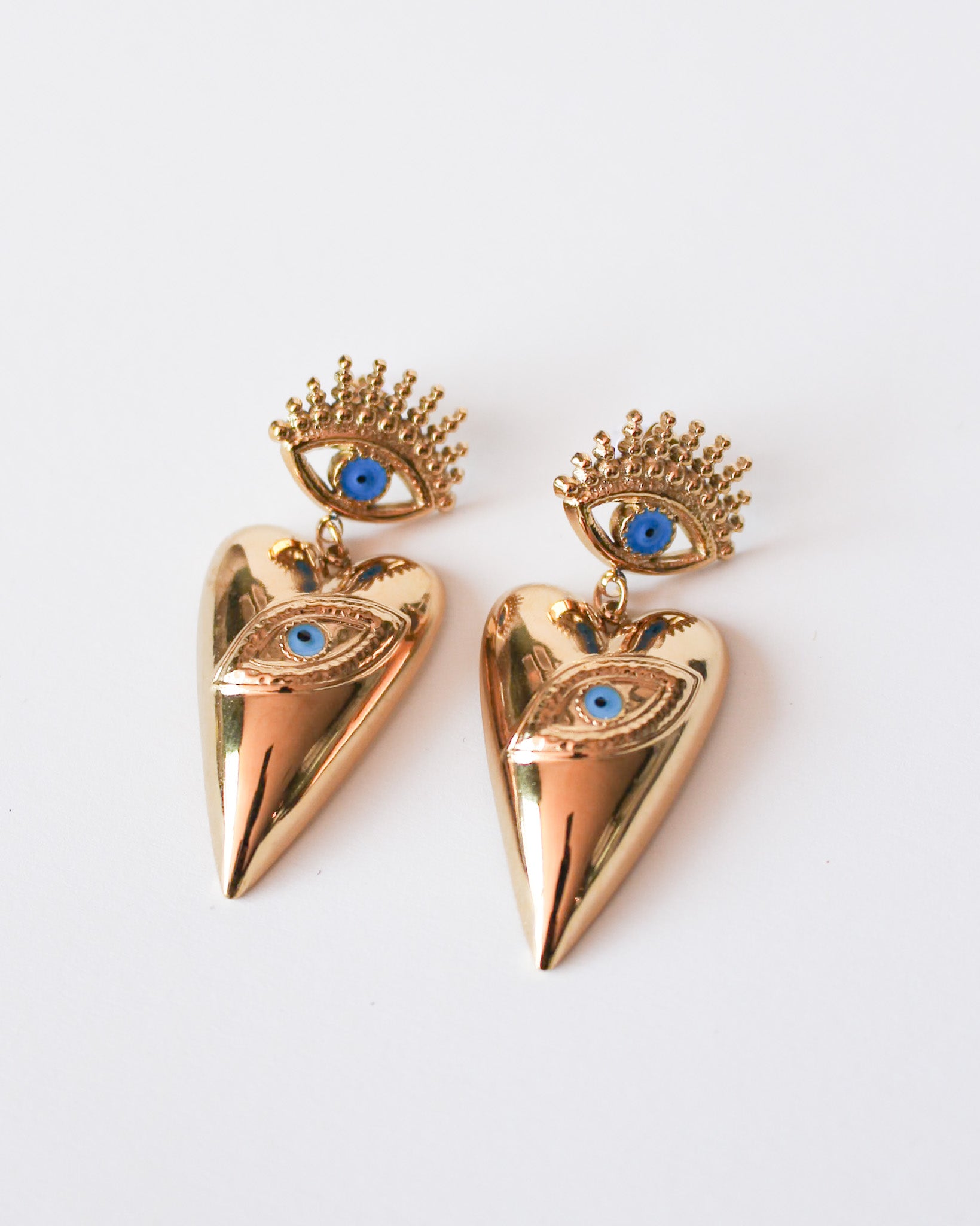 Iris Gold Eye Heart Dangly Earrings