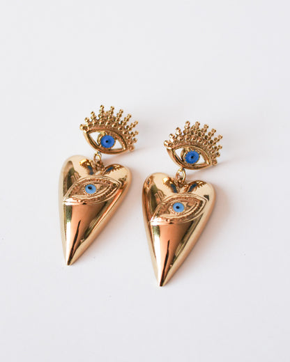 Iris Gold Eye Heart Dangly Earrings