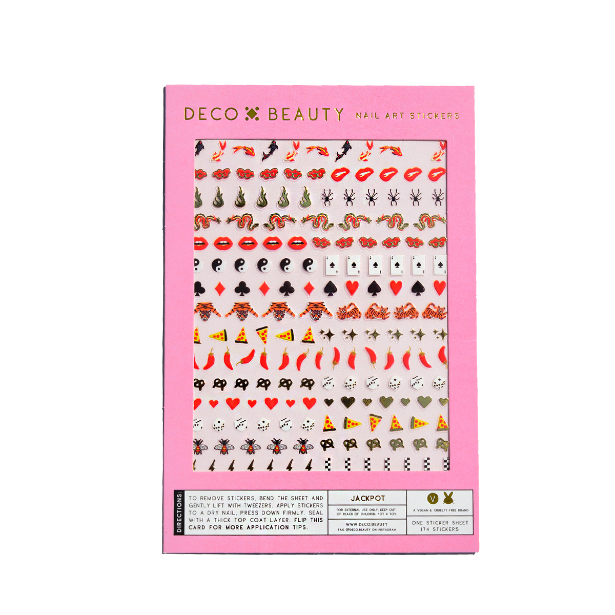 Deco Beauty nail art stickers packaging with various designs on a white background