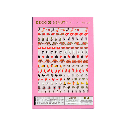 Deco Beauty nail art stickers packaging with various designs on a white background