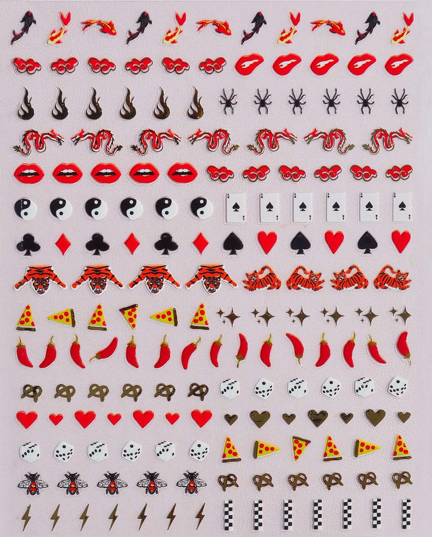 Collection of various nail art stickers with different designs on a white background