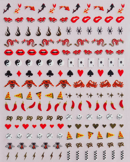 Collection of various nail art stickers with different designs on a white background