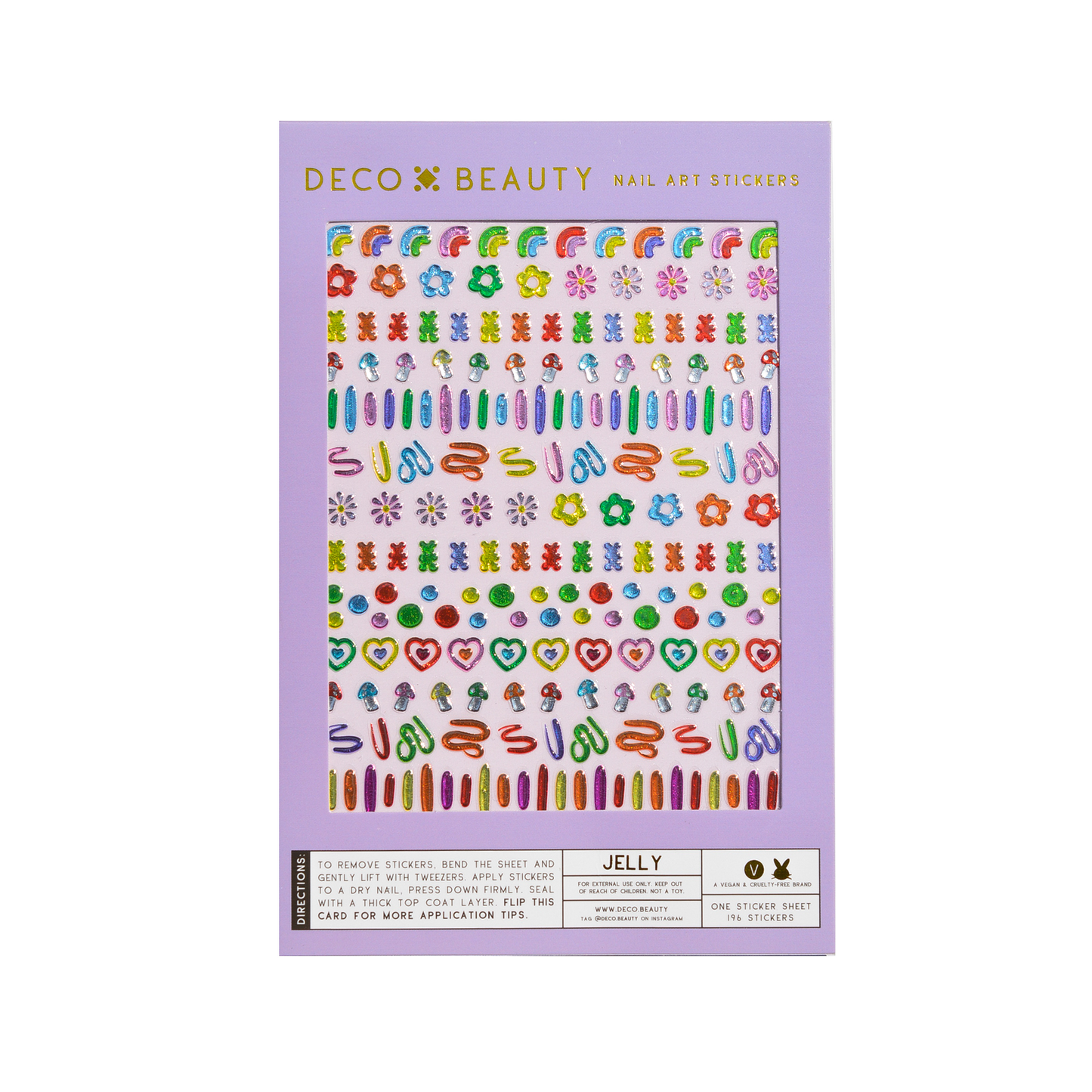 Packaging of Deco Beauty nail art stickers with colorful designs on a purple background