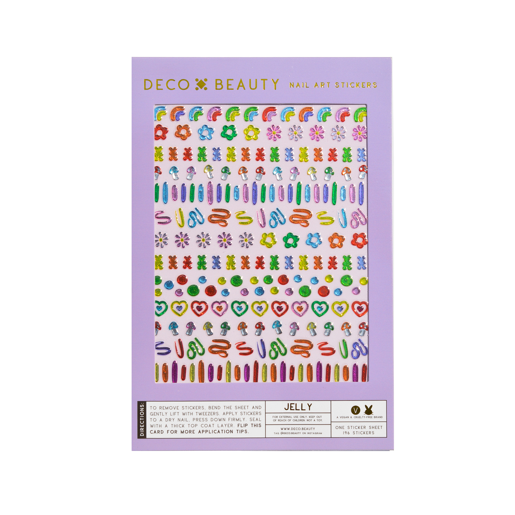 Packaging of Deco Beauty nail art stickers with colorful designs on a purple background