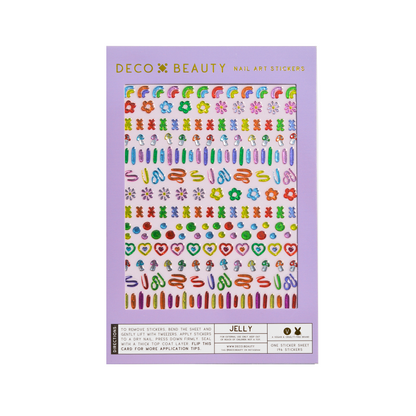 Packaging of Deco Beauty nail art stickers with colorful designs on a purple background