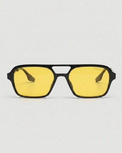 Sunglasses with yellow lenses and black frame on a white background