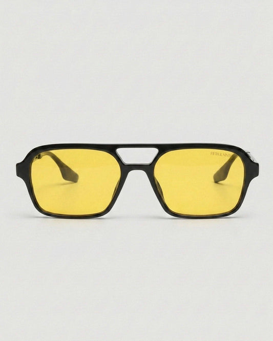 Sunglasses with yellow lenses and black frame on a white background
