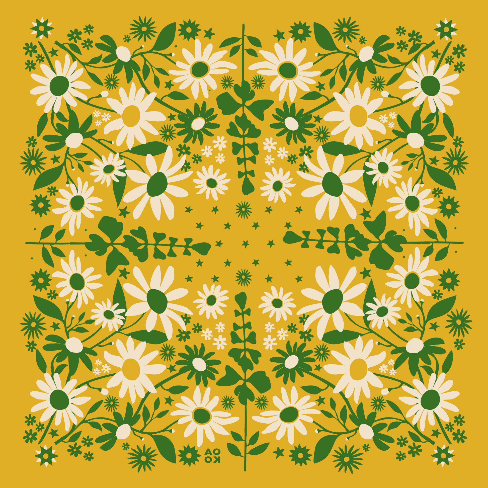 Floral pattern with white flowers and green leaves on a yellow background