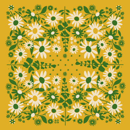 Floral pattern with white flowers and green leaves on a yellow background