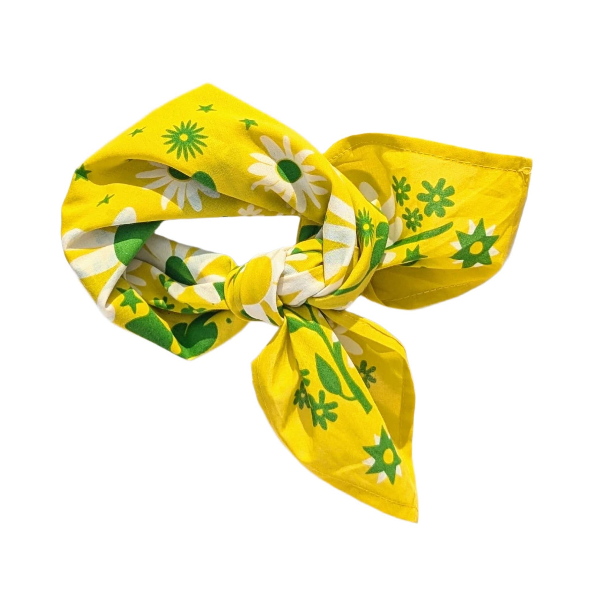 Yellow bandana with floral pattern on a white background