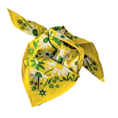 Yellow bandana with floral pattern on a white background