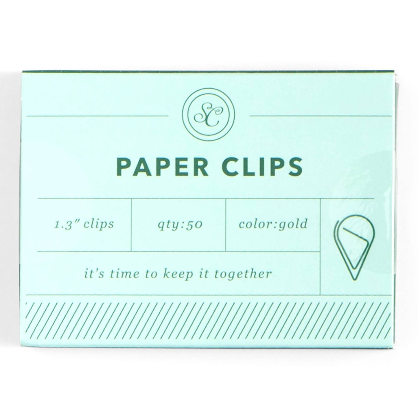 Packaging of gold paper clips with text on a white background