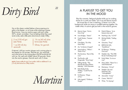 Page from a cocktail book with a recipe for Dirty Bird Martini and a playlist on a light blue background.