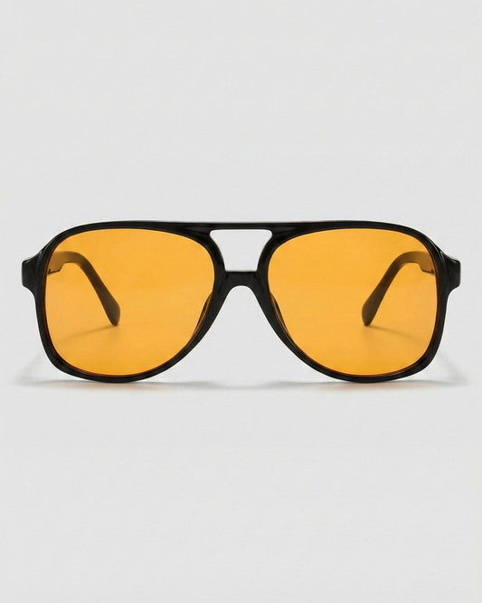 Sunglasses with yellow lenses and black frames on a white background