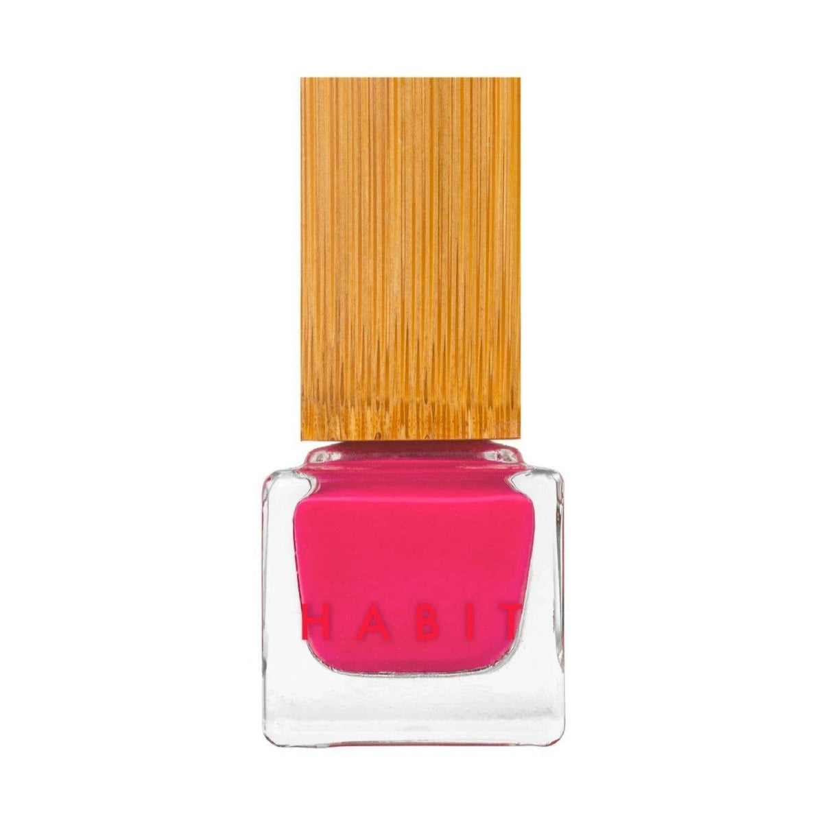 Pink nail polish bottle with a wooden cap on a white background