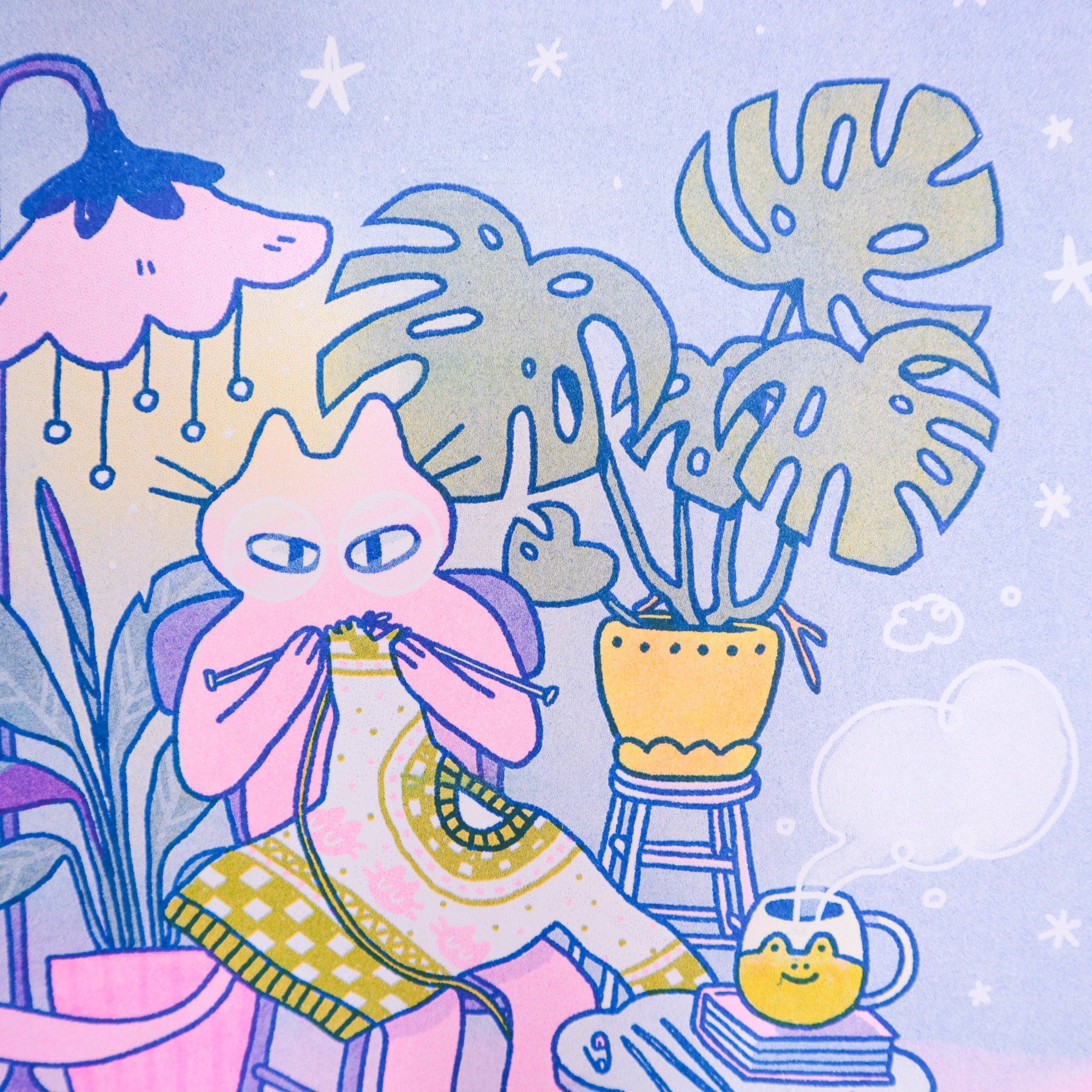 Knitting Kuni Riso Art Print, Illustration of a pink cat in a green sweater surrounded by plants on a light purple background.