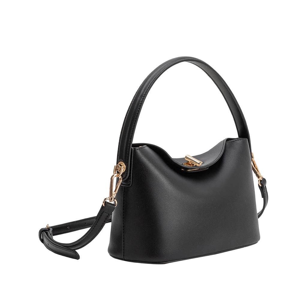 Black handbag with gold accents on a white background, Lana Black Crossbody Bag Melie Bianco