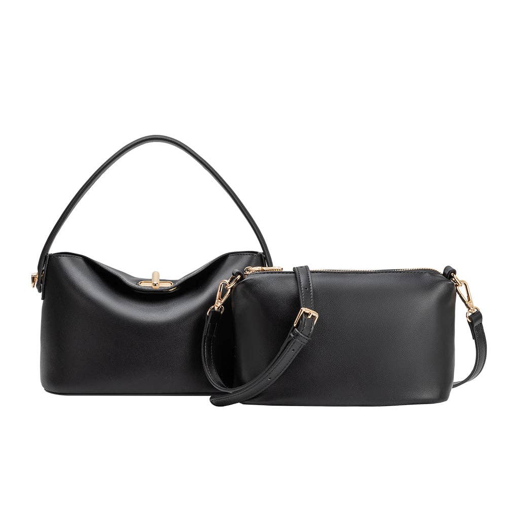 Black handbag with gold accents on a white background, Lana Black Crossbody Bag Melie Bianco