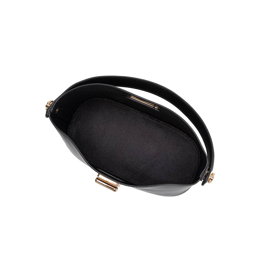 Black handbag with gold accents on a white background, 