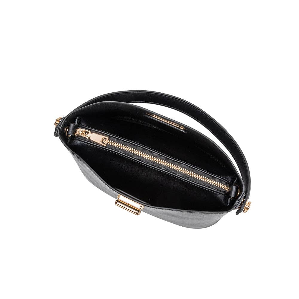 Black handbag with gold zipper and hardware on a white background, Lana Black Crossbody Bag Melie Bianco