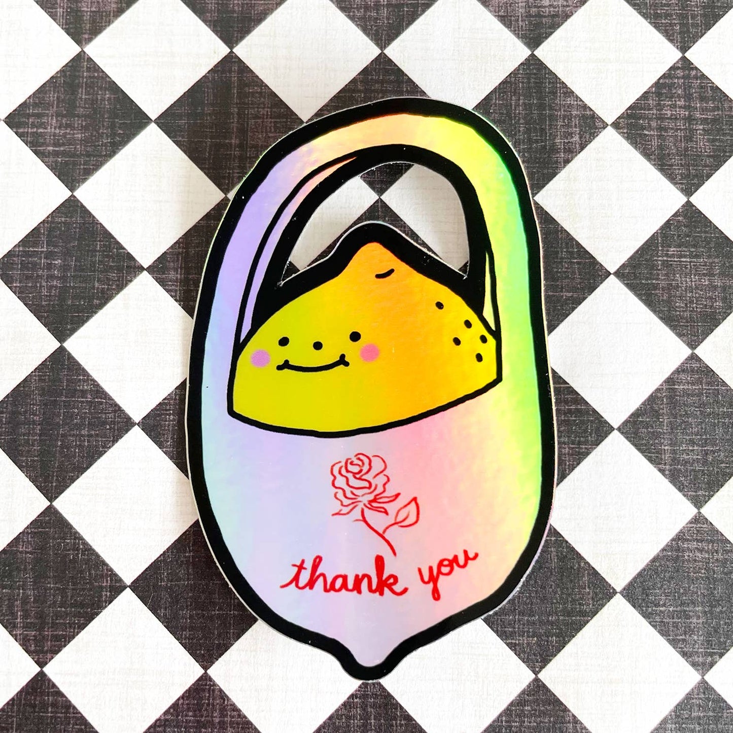 Colorful cartoon character with a rose and 'thank you' text on a checkered background
