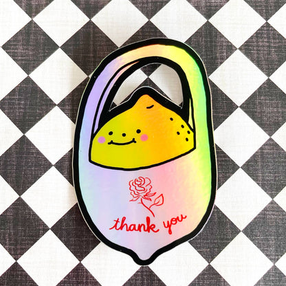 Colorful cartoon character with a rose and 'thank you' text on a checkered background
