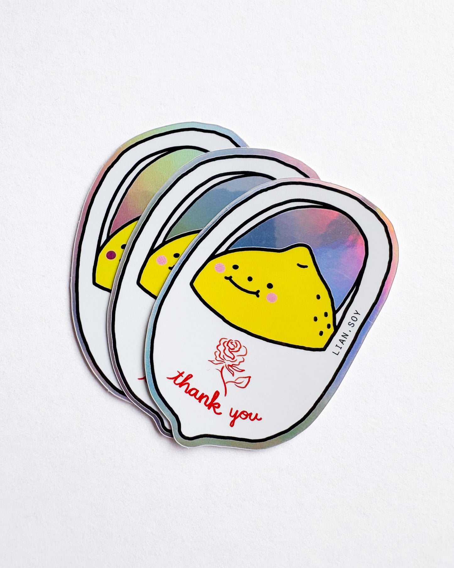 Set of three stickers with a lemon character and 'thank you' text on a white background