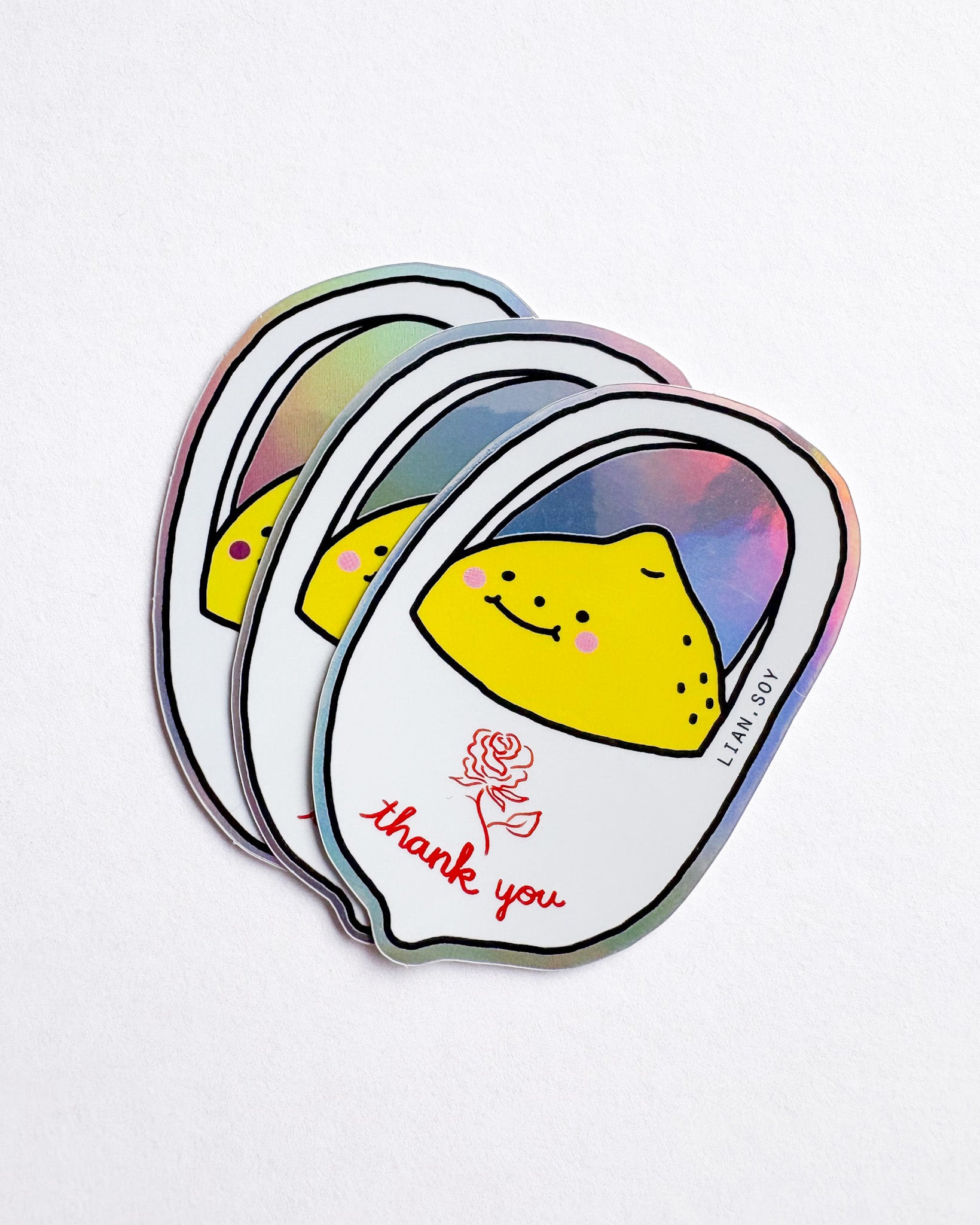 Set of three stickers with a lemon character and 'thank you' text on a white background